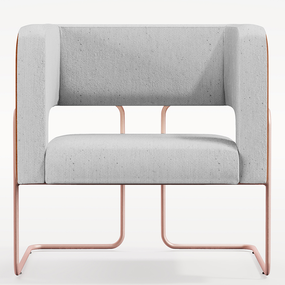 Poltrona Scarlett D02 Base De Aço New Cobre Courissímo Camel B-14 Linho Cinza D-315 - Lyam Decor
