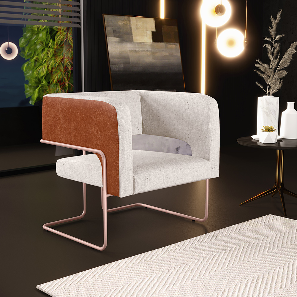 Poltrona Scarlett D02 Base De Aço New Cobre Courissímo Camel B-14 Linho Cru C-443 - Lyam Decor