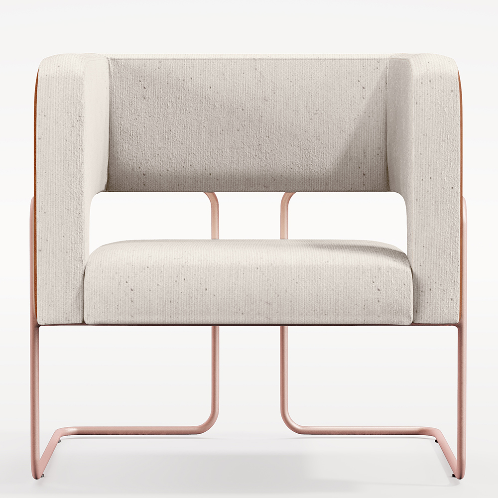 Poltrona Scarlett D02 Base De Aço New Cobre Courissímo Camel B-14 Linho Cru C-443 - Lyam Decor
