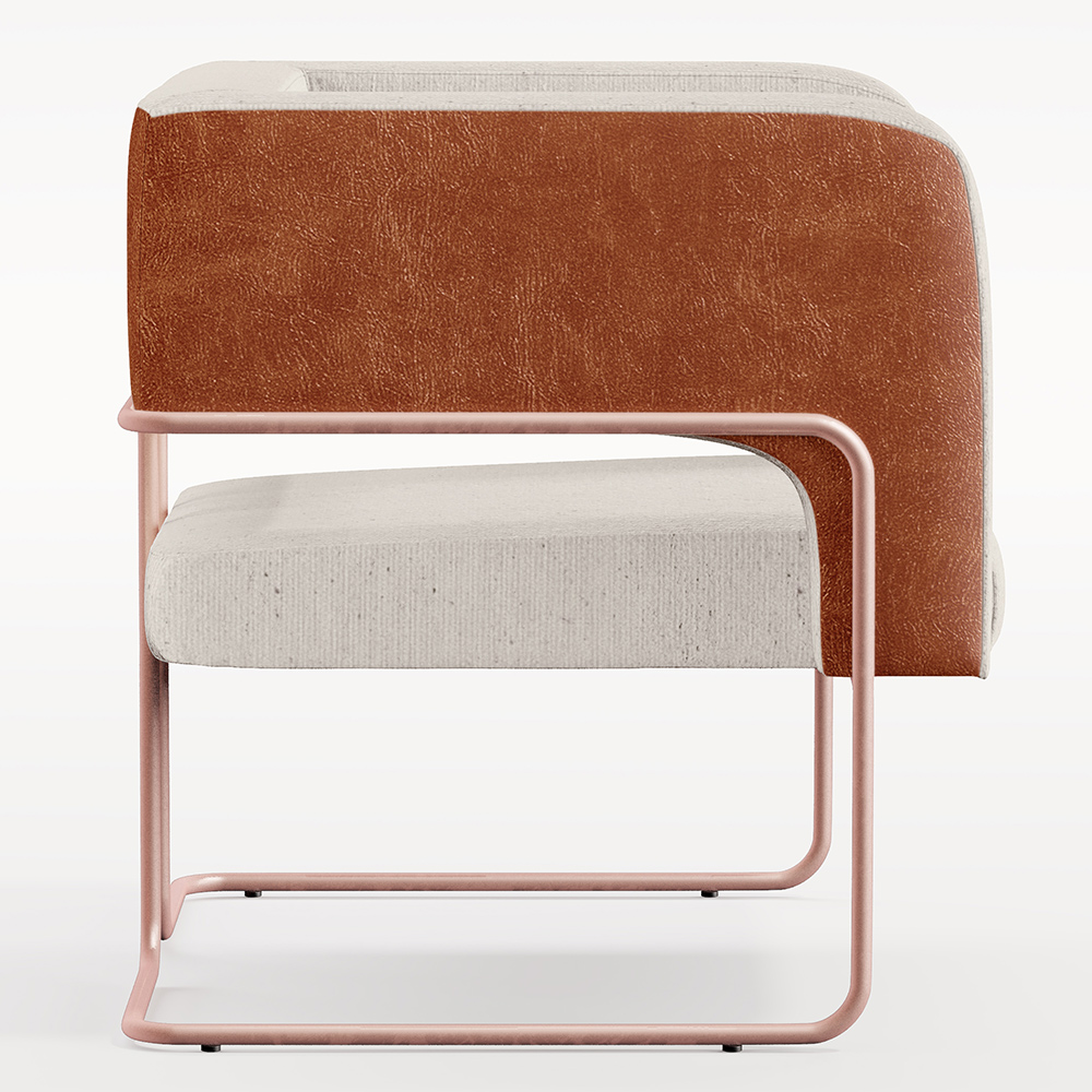 Poltrona Scarlett D02 Base De Aço New Cobre Courissímo Camel B-14 Linho Cru C-443 - Lyam Decor