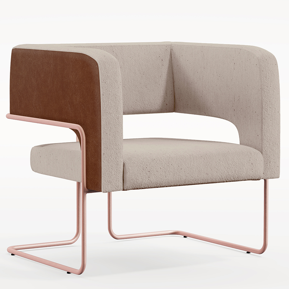 Poltrona Scarlett D02 Base De Aço New Cobre Courissímo Marrom B-38 Linho Bege C-107 - Lyam Decor