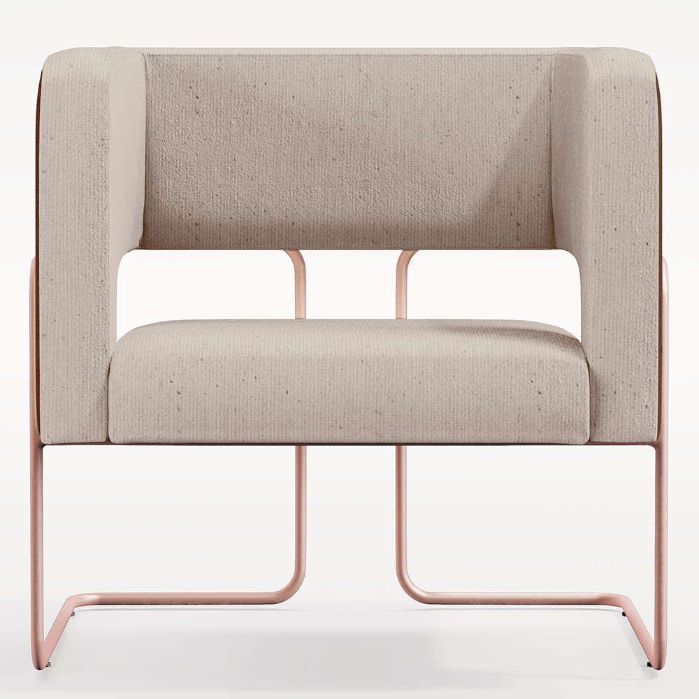 Poltrona Scarlett D02 Base De Aço New Cobre Courissímo Marrom B-38 Linho Bege C-107 - Lyam Decor