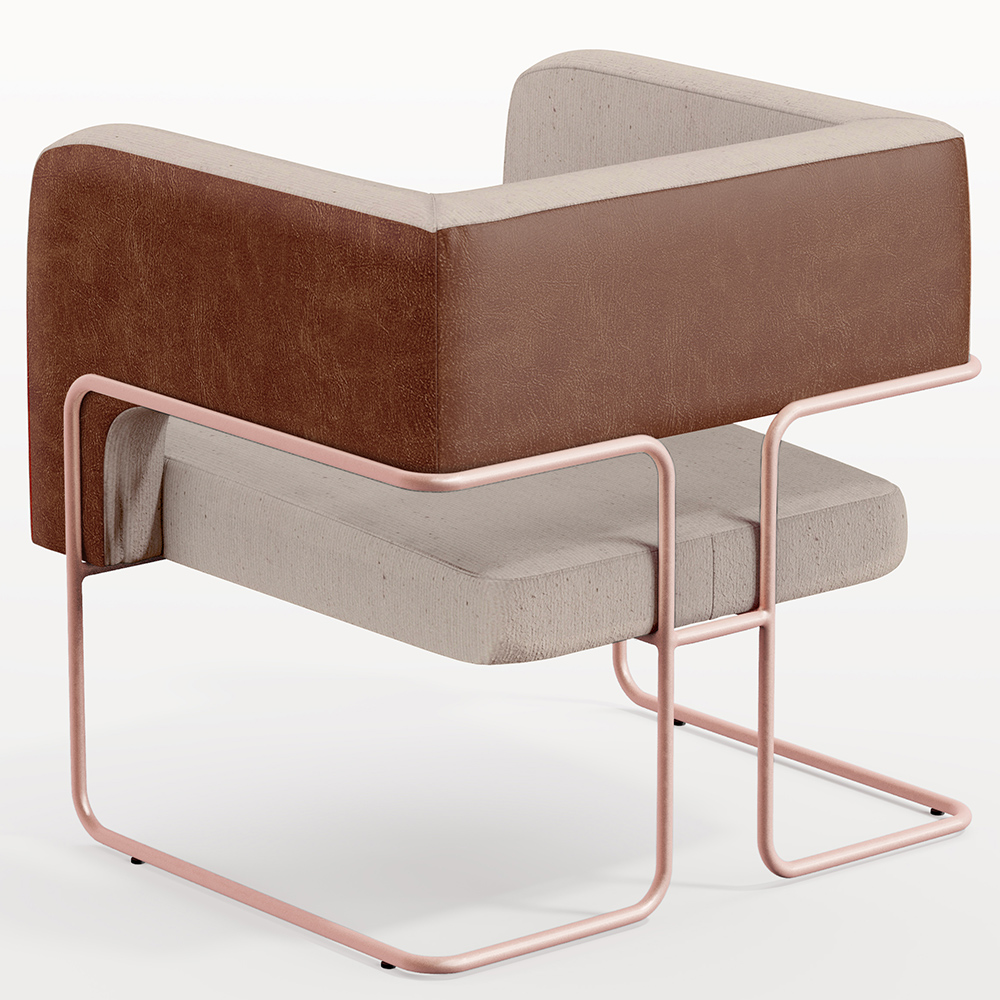 Poltrona Scarlett D02 Base De Aço New Cobre Courissímo Marrom B-38 Linho Bege C-107 - Lyam Decor