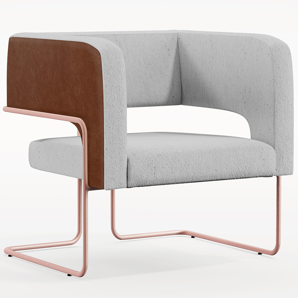 Poltrona Scarlett D02 Base De Aço New Cobre Courissímo Marrom B-38 Linho Cinza D-315 - Lyam Decor