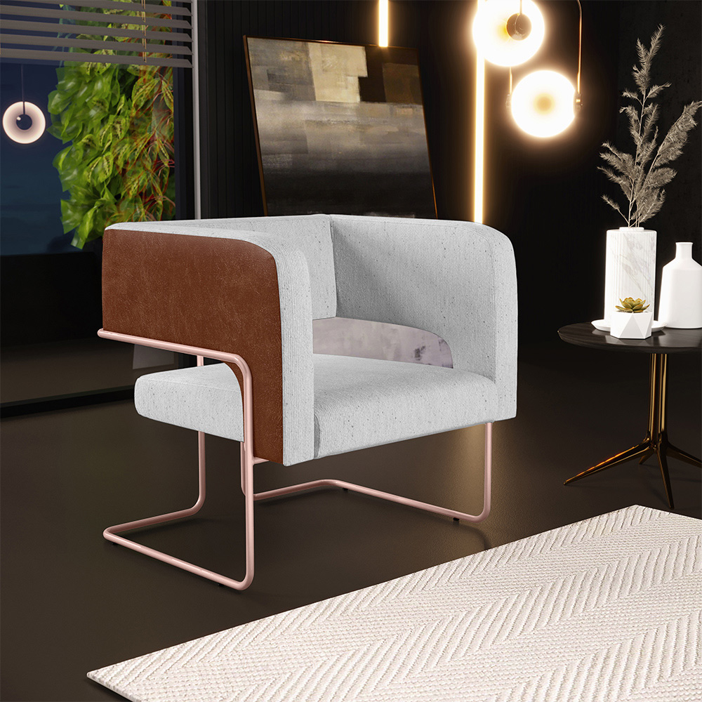 Poltrona Scarlett D02 Base De Aço New Cobre Courissímo Marrom B-38 Linho Cinza D-315 - Lyam Decor