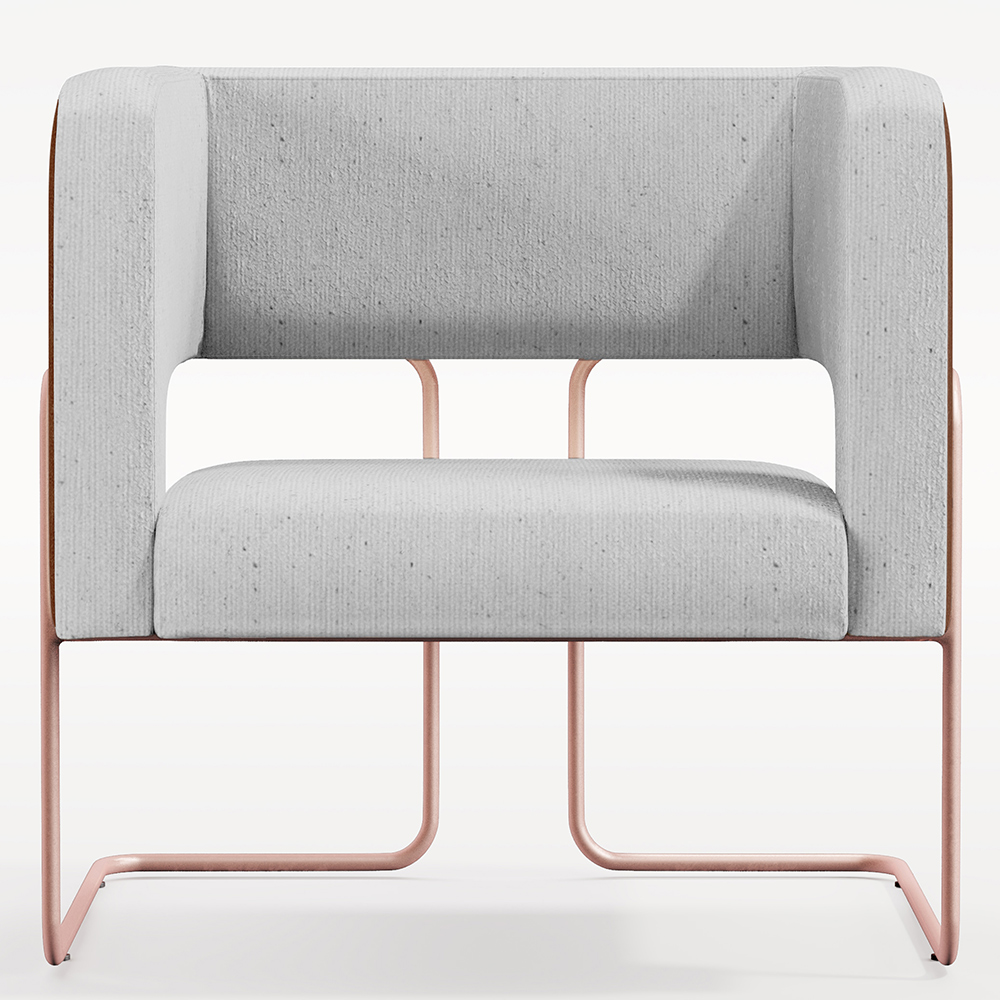 Poltrona Scarlett D02 Base De Aço New Cobre Courissímo Marrom B-38 Linho Cinza D-315 - Lyam Decor