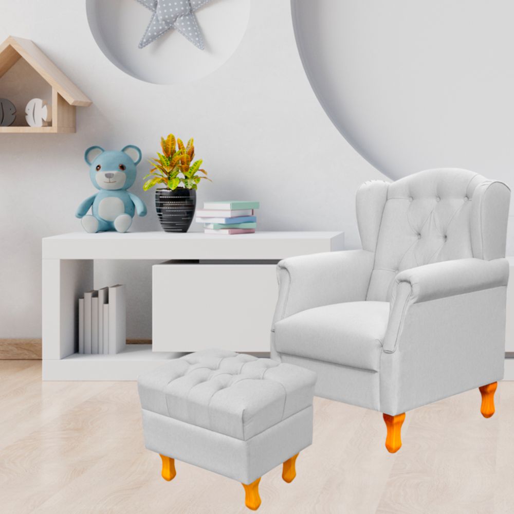 Poltrona de Amamentação Yara P02 com Puff Paris Luis Xv L02 Linho Cinza - Lyam Decor