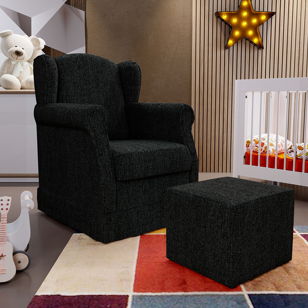 Poltrona de Amamentação com Balanço e Puff Elisa P02 Linho Chumbo - Lyam Decor