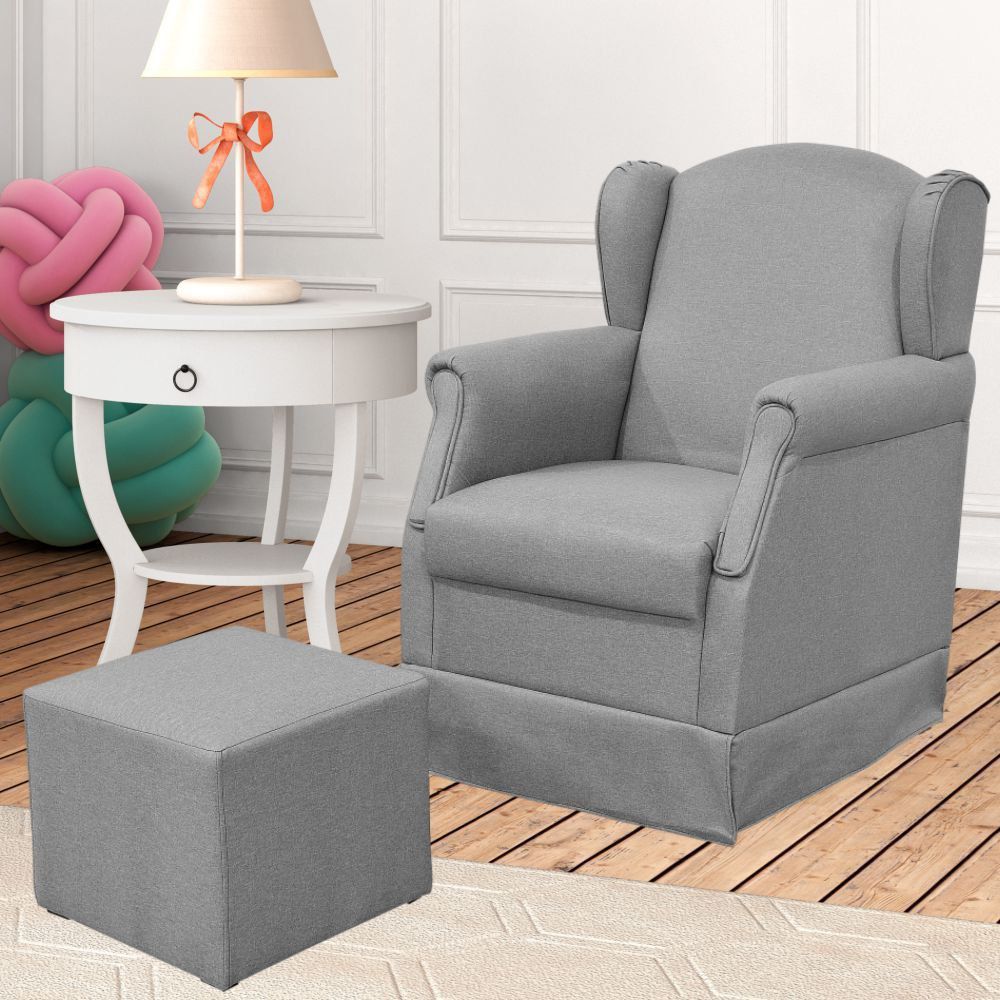 Poltrona de Amamentação com Balanço e Puff Elisa P02 Linho Cinza Escuro - Lyam Decor