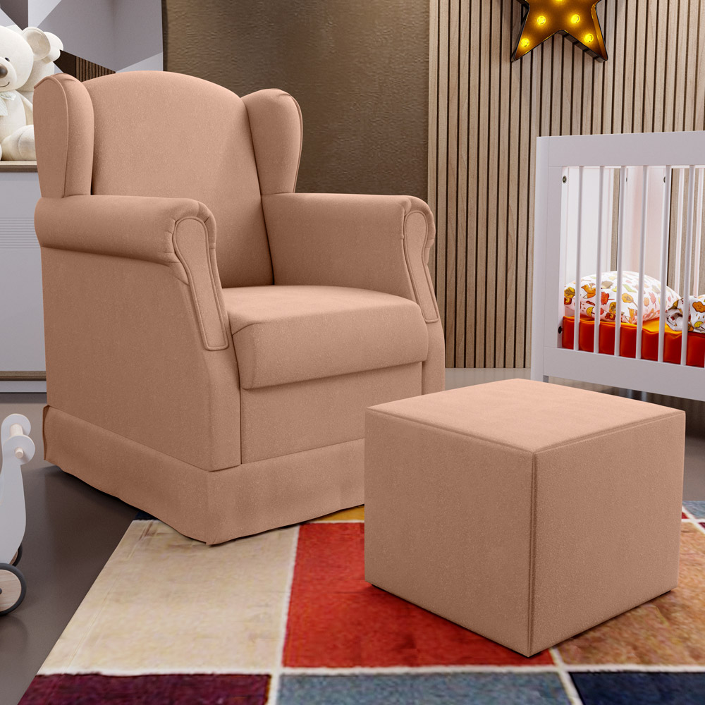 Poltrona de Amamentação com Balanço e Puff Elisa P02 Linho Rosê - Lyam Decor