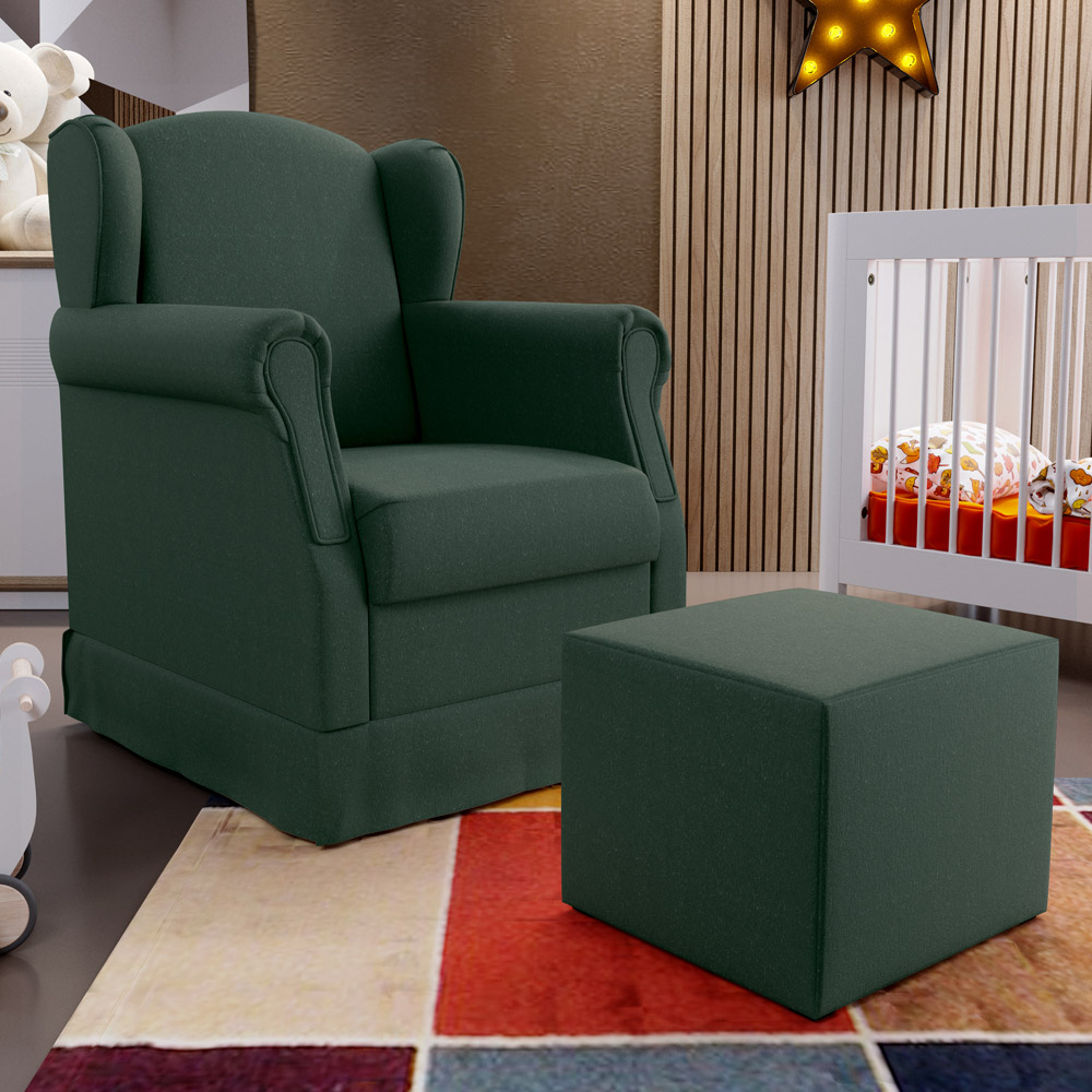 Poltrona de Amamentação com Balanço e Puff Elisa P02 Linho Verde Musgo - Lyam Decor