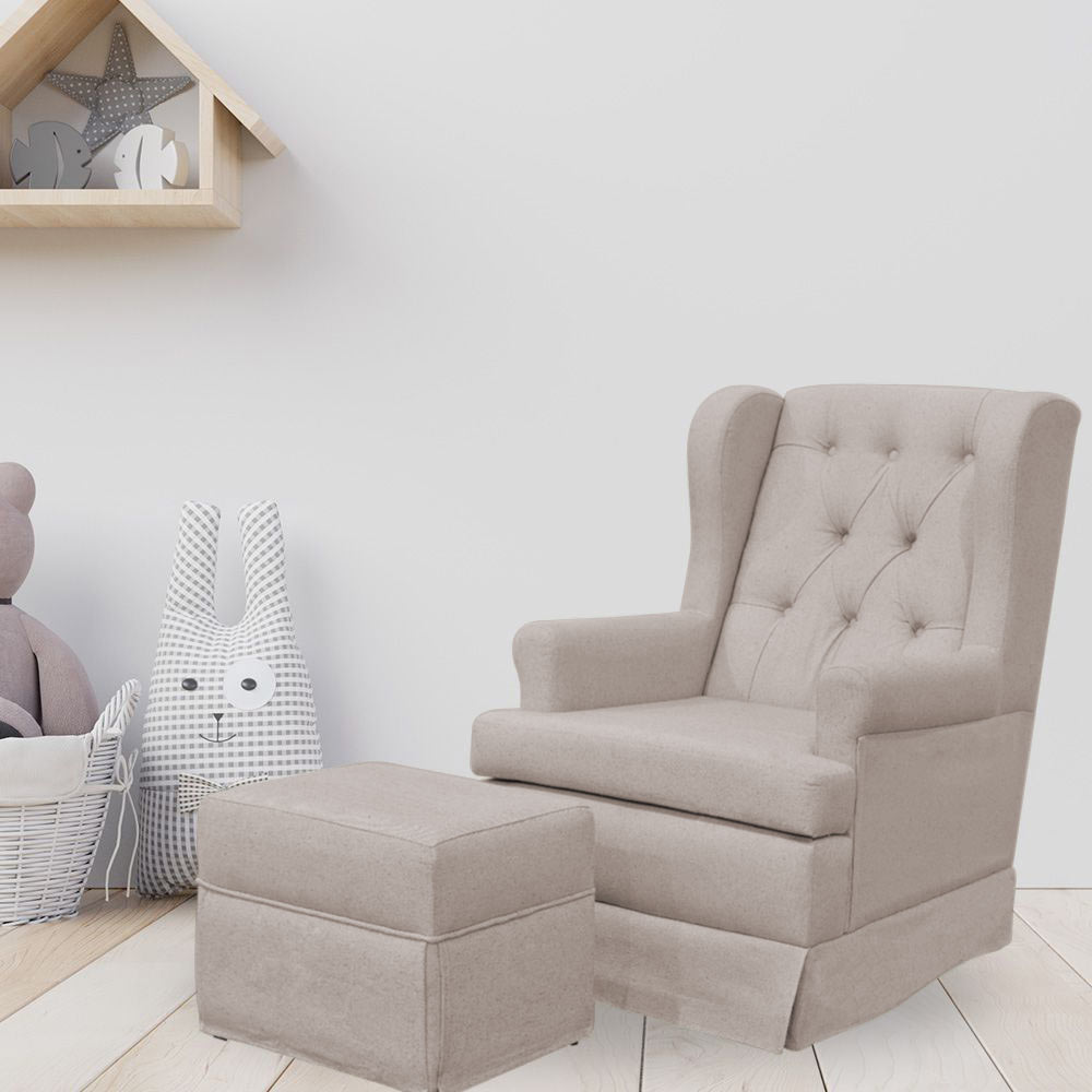 Poltrona de Amamentação com Balanço e Puff Helena P02 Capitonê Linho Bege - Lyam Decor