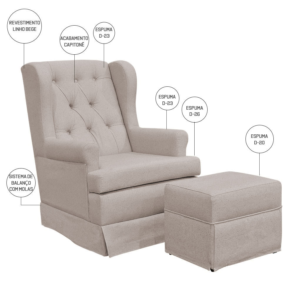 Poltrona de Amamentação com Balanço e Puff Helena P02 Capitonê Linho Bege - Lyam Decor