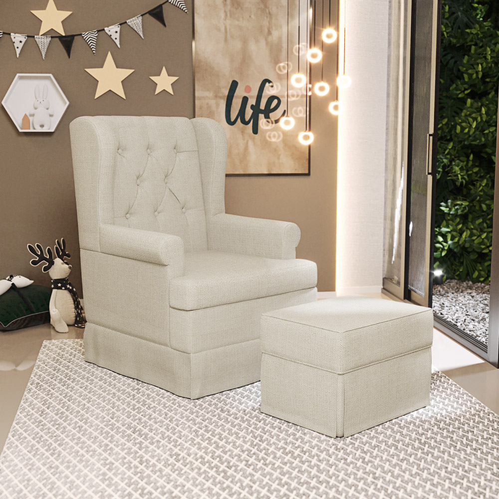 Poltrona de Amamentação com Balanço e Puff Helena P02 Capitonê Linho Champagne - Lyam Decor