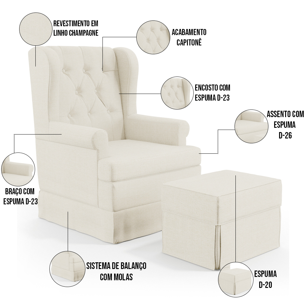Poltrona de Amamentação com Balanço e Puff Helena P02 Capitonê Linho Champagne - Lyam Decor