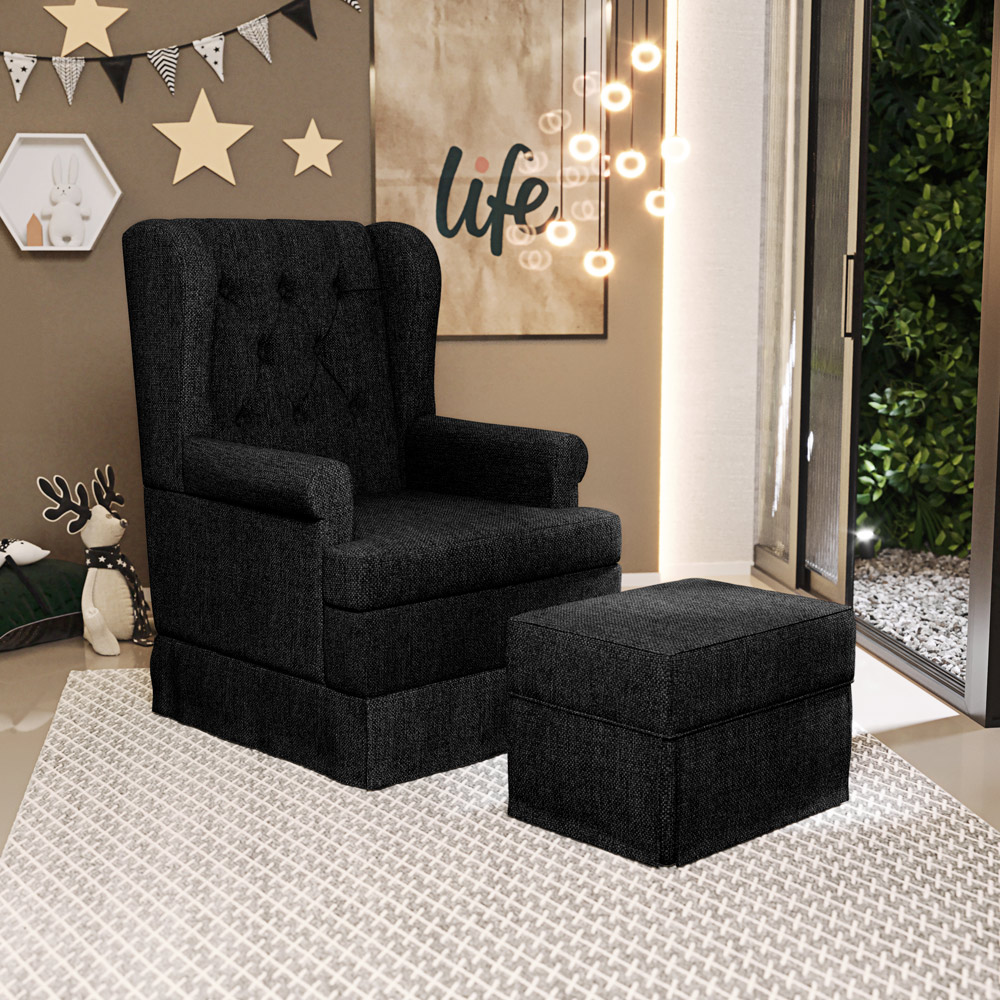 Poltrona de Amamentação com Balanço e Puff Helena P02 Capitonê Linho Chumbo - Lyam Decor