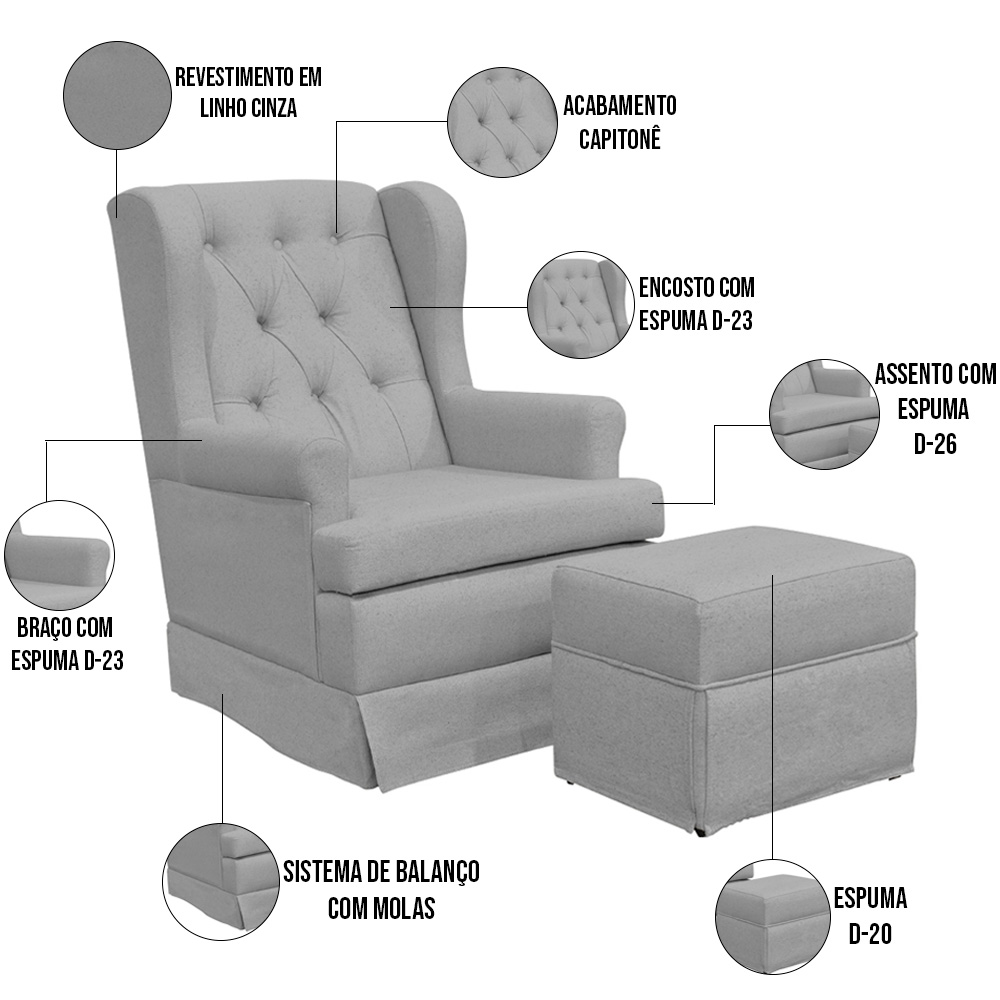 Poltrona de Amamentação com Balanço e Puff Helena P02 Capitonê Linho Cinza - Lyam Decor