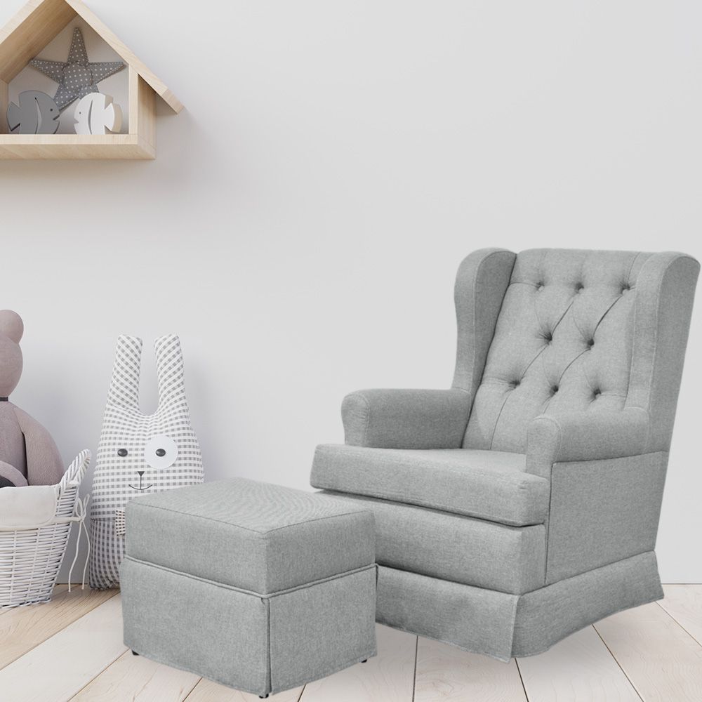 Poltrona de Amamentação com Balanço e Puff Helena P02 Capitonê Linho Cinza Escuro - Lyam Decor