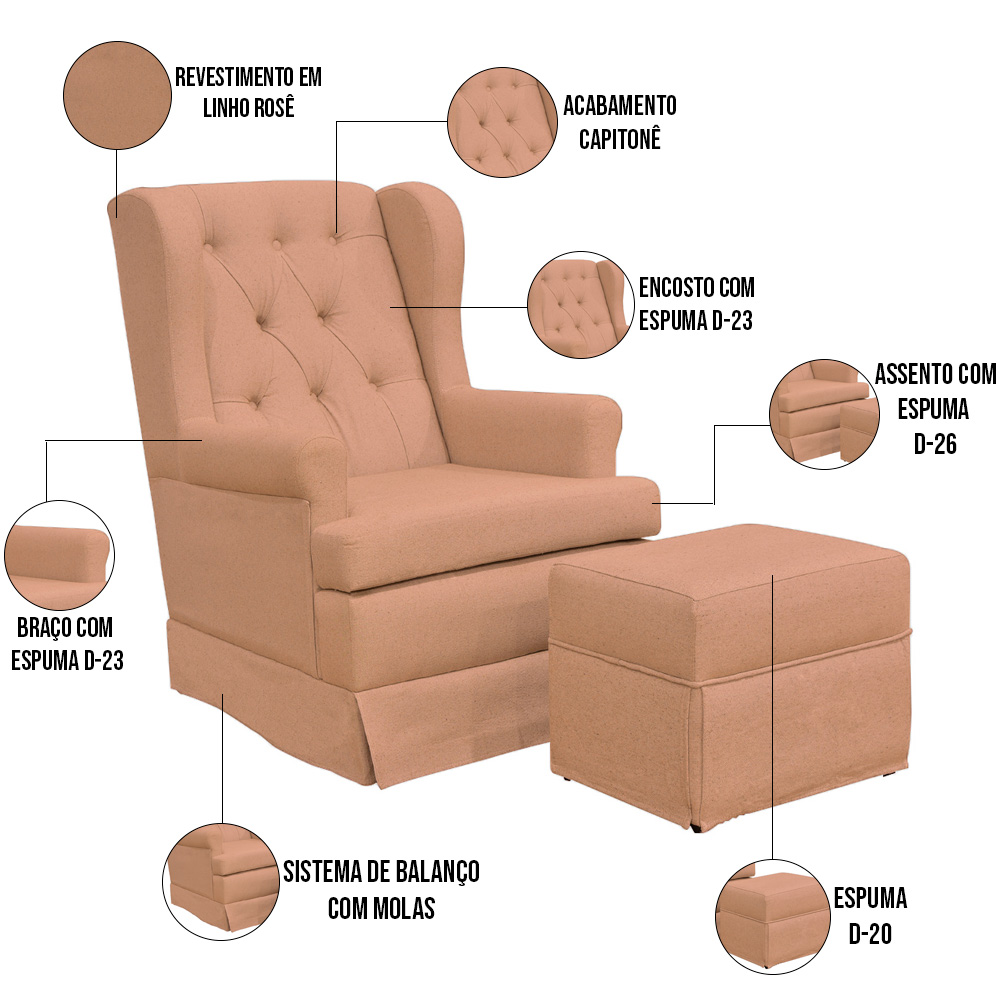 Poltrona de Amamentação com Balanço e Puff Helena P02 Capitonê Linho Rosê - Lyam Decor