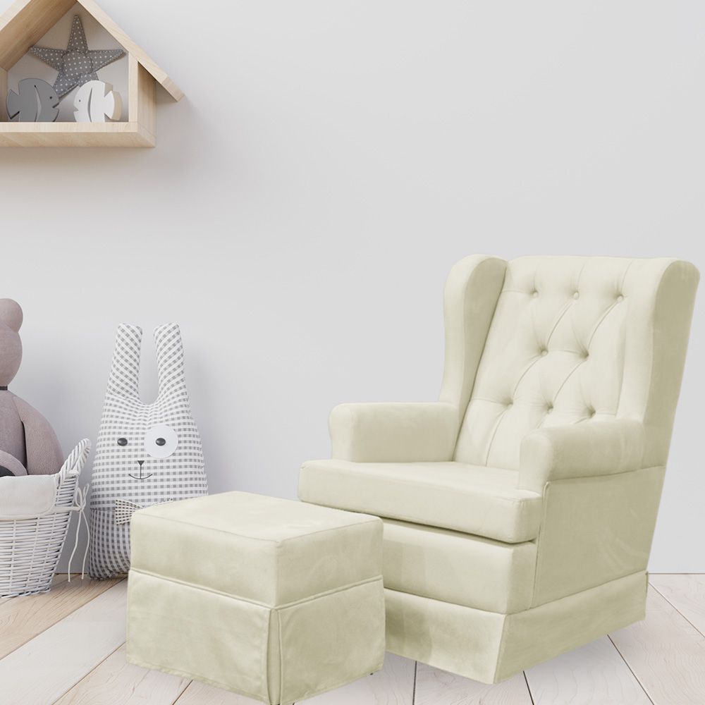Poltrona de Amamentação com Balanço e Puff Helena P02 Capitonê Suede Bege - Lyam Decor