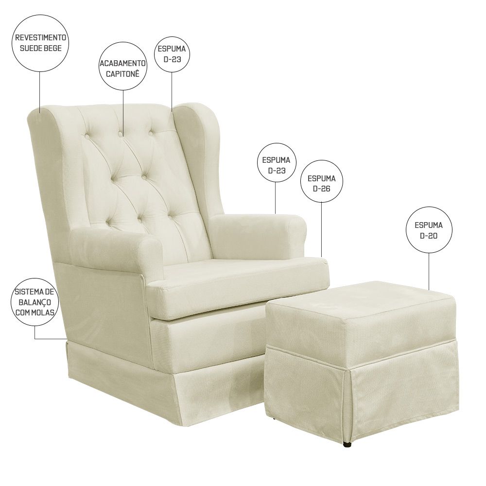 Poltrona de Amamentação com Balanço e Puff Helena P02 Capitonê Suede Bege - Lyam Decor