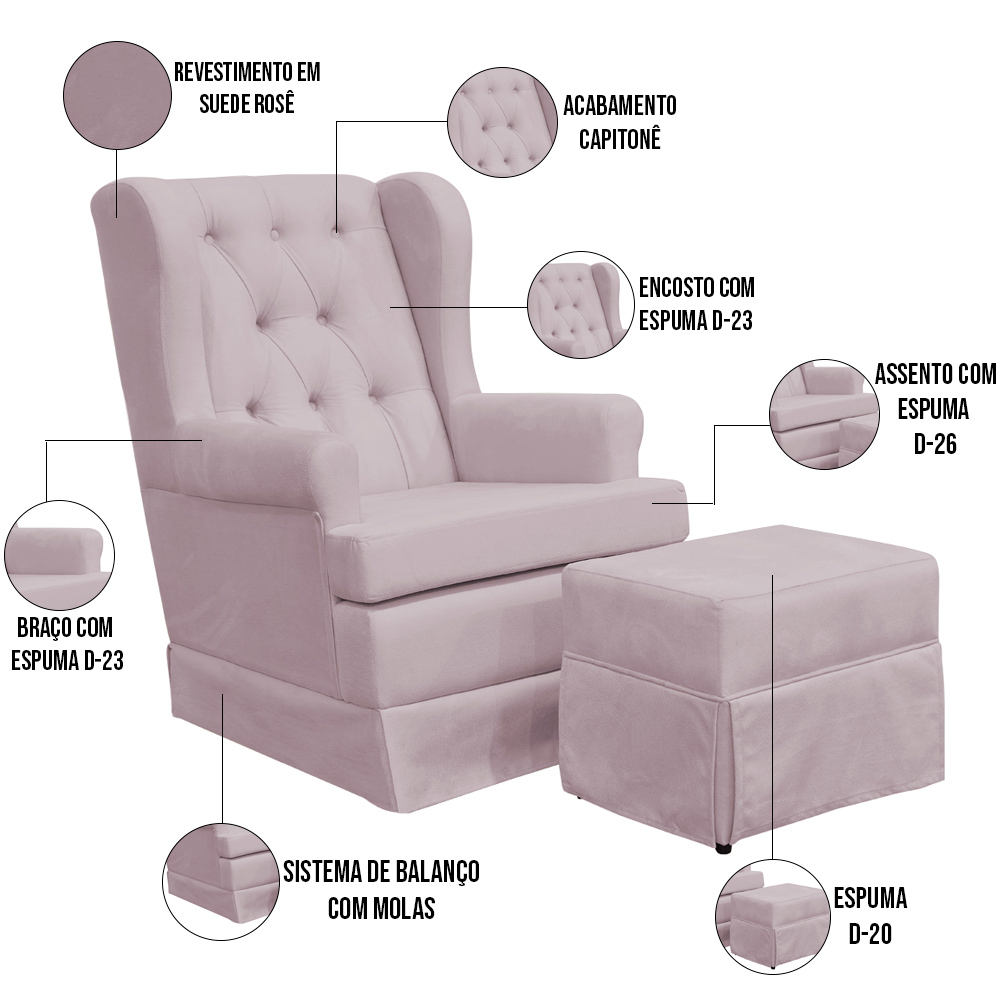 Poltrona de Amamentação com Balanço e Puff Helena P02 Capitonê Suede Rosê - Lyam Decor