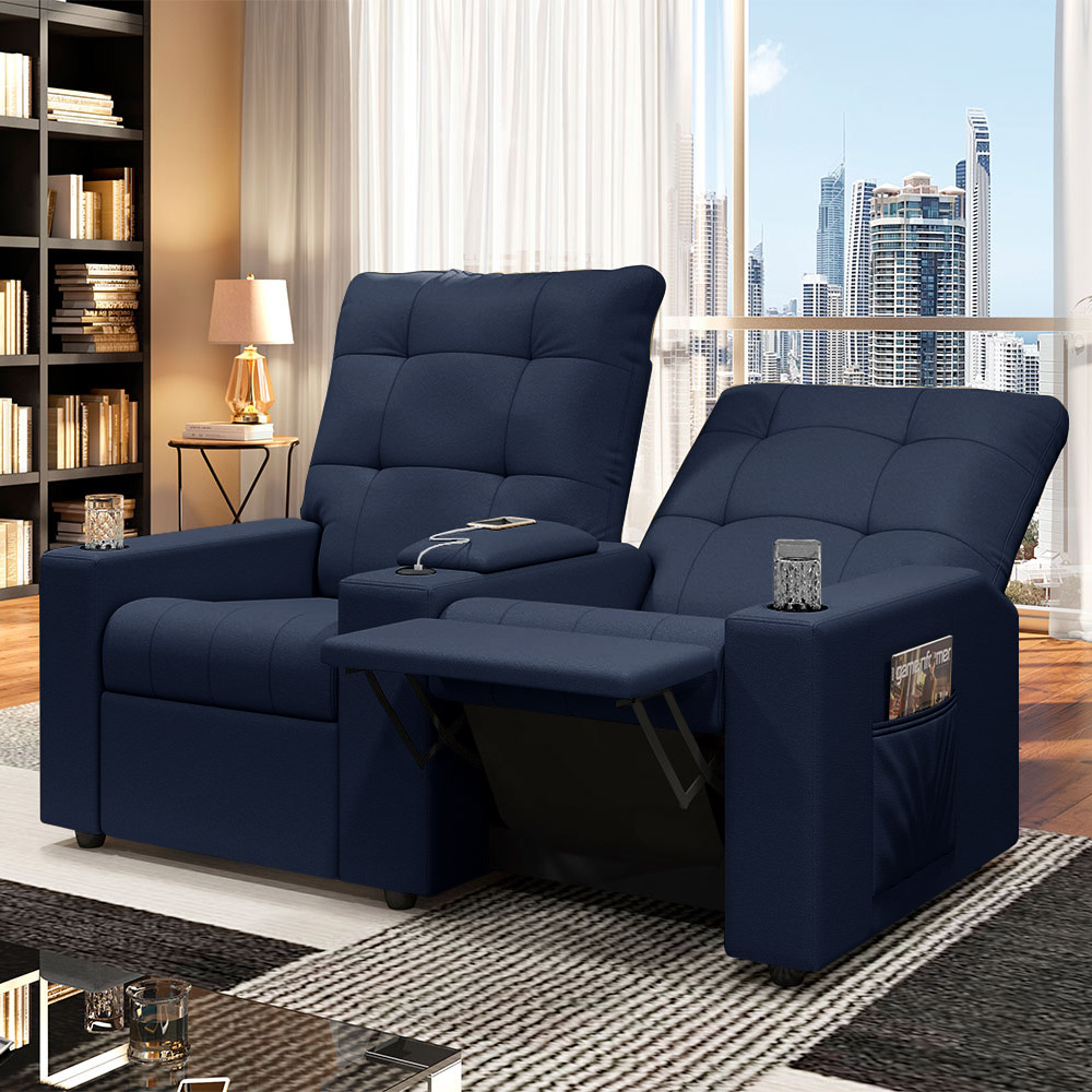 Poltrona do Papai Reclinável Cinema 2 Lugares Manual Baú USB Haifa F05 Facto Azul - Lyam Decor