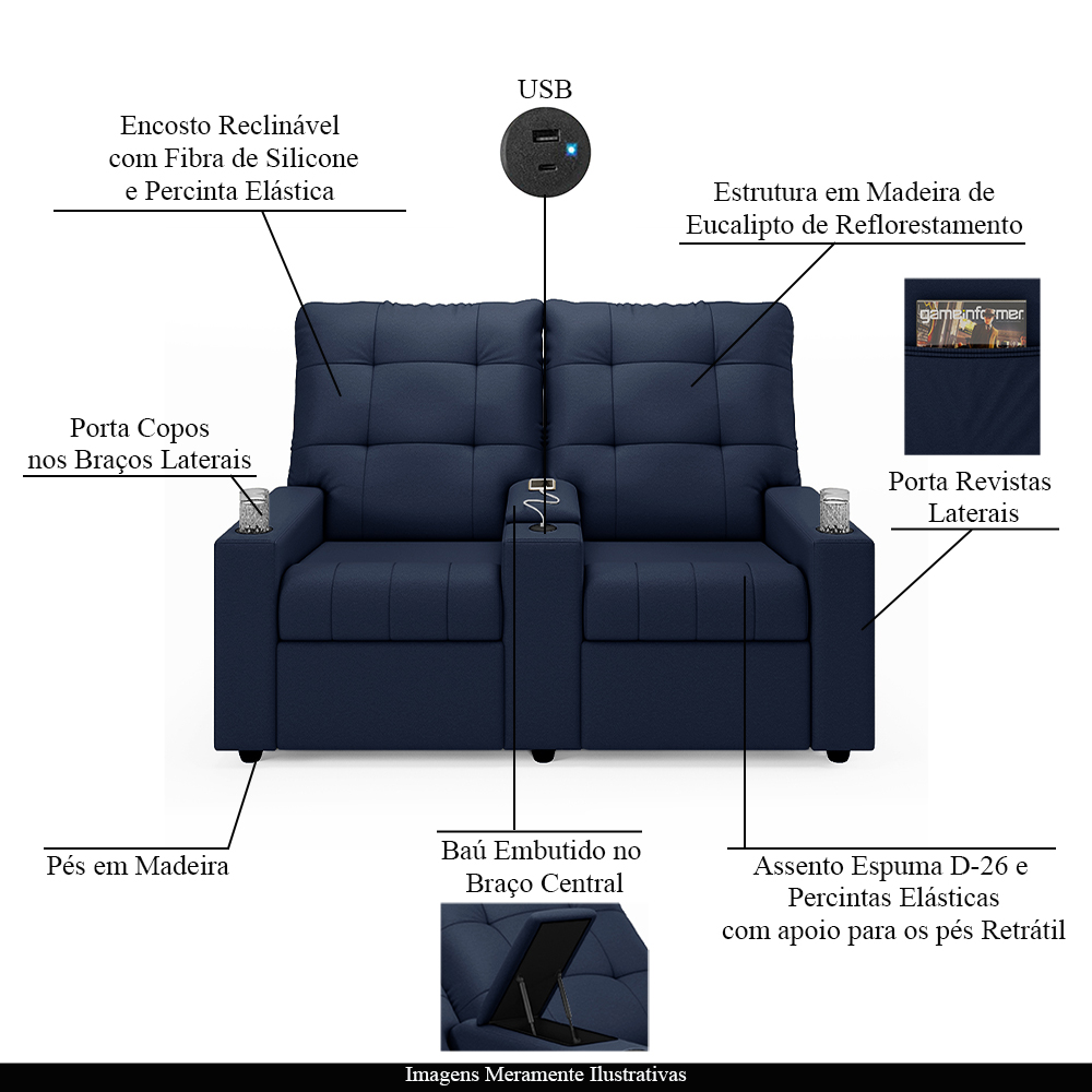 Poltrona do Papai Reclinável Cinema 2 Lugares Manual Baú USB Haifa F05 Facto Azul - Lyam Decor