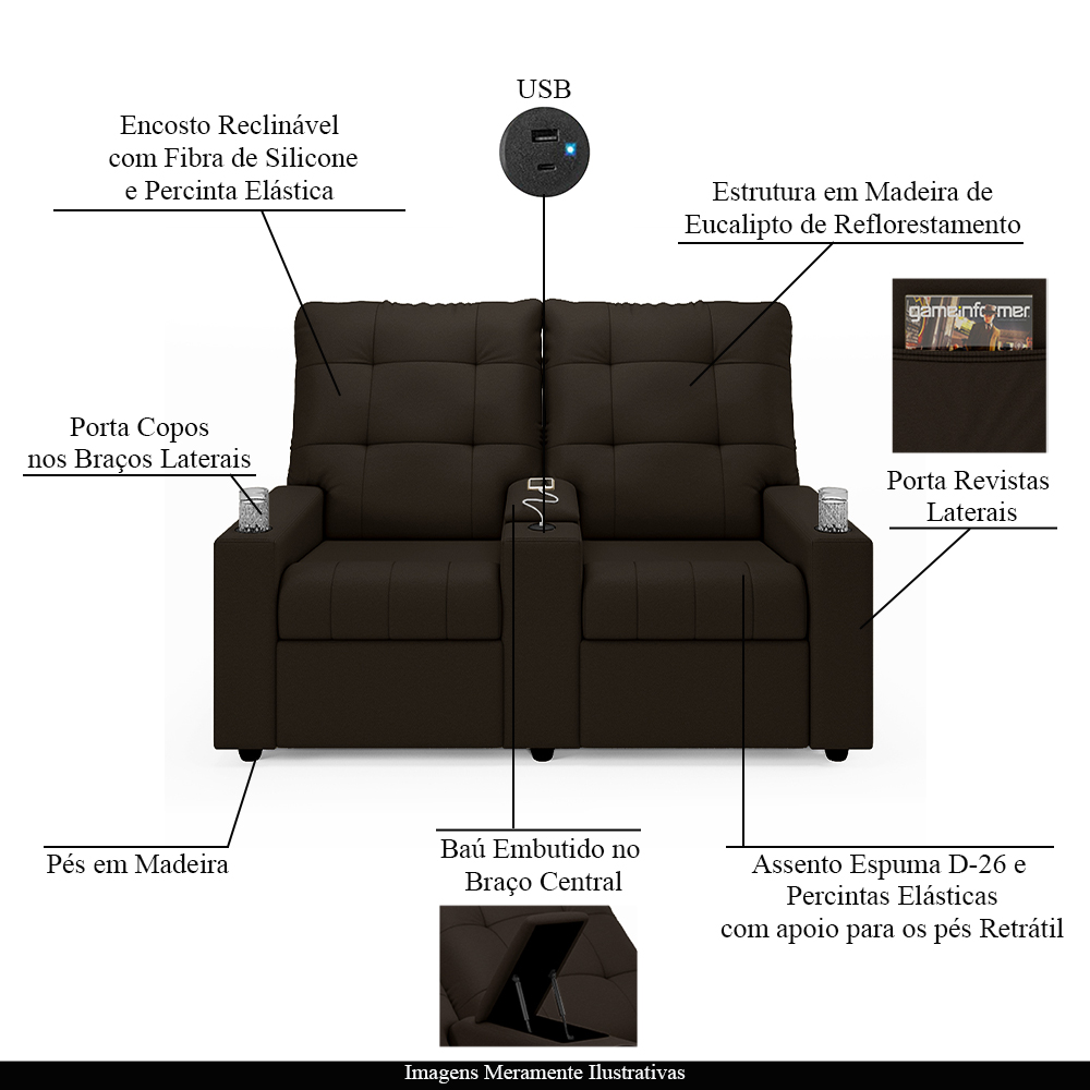 Poltrona do Papai Reclinável Cinema 2 Lugares Manual Baú USB Haifa F05 Facto Marrom - Lyam Decor