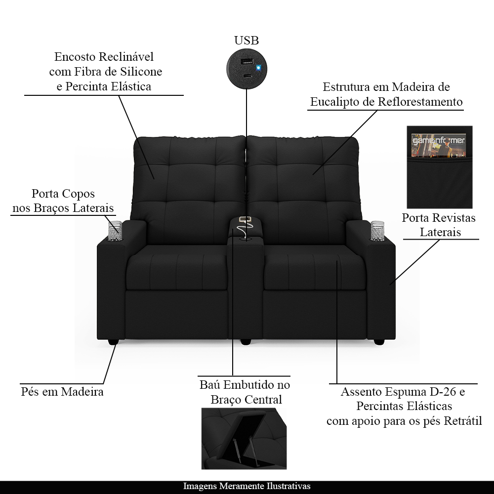 Poltrona do Papai Reclinável Cinema 2 Lugares Manual Baú USB Haifa F05 Facto Preto - Lyam Decor