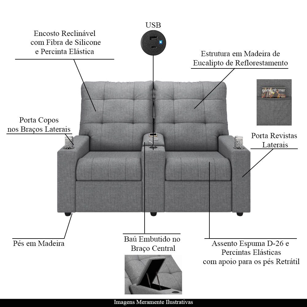 Poltrona do Papai Reclinável Cinema 2 Lugares Manual Baú USB Haifa F05 Linho Cinza - Lyam Decor