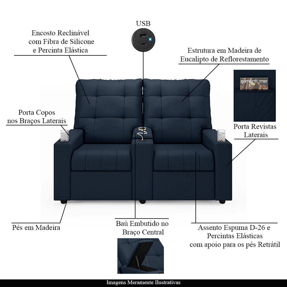 Poltrona do Papai Reclinável Cinema 2 Lugares Manual Baú USB Haifa F05 Veludo Azul - Lyam Decor