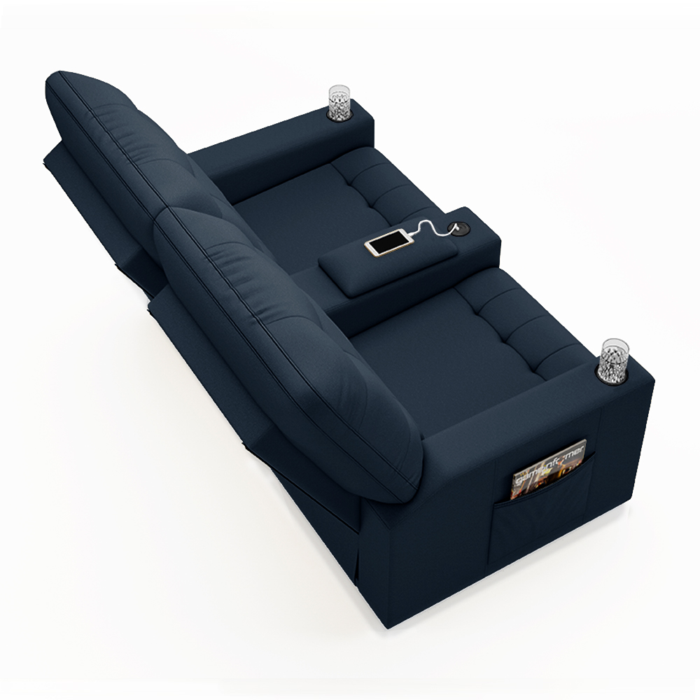 Poltrona do Papai Reclinável Cinema 2 Lugares Manual Baú USB Haifa F05 Veludo Azul - Lyam Decor
