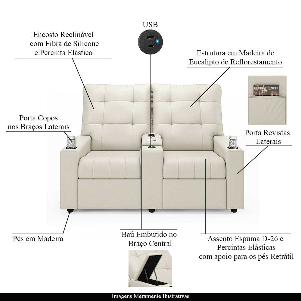 Poltrona do Papai Reclinável Cinema 2 Lugares Manual Baú USB Haifa F05 Veludo Bege - Lyam Decor