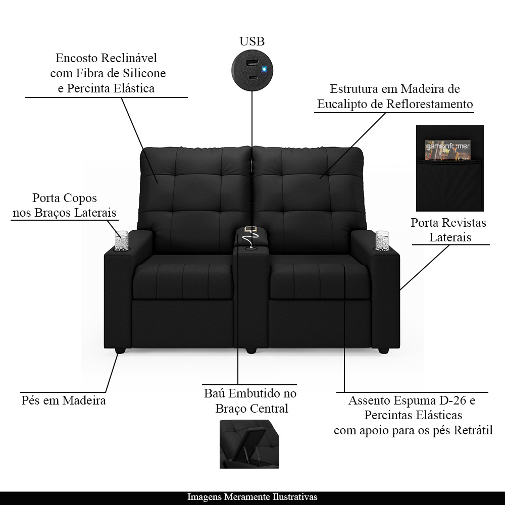 Poltrona do Papai Reclinável Cinema 2 Lugares Manual Baú USB Haifa F05 Veludo Preto - Lyam Decor