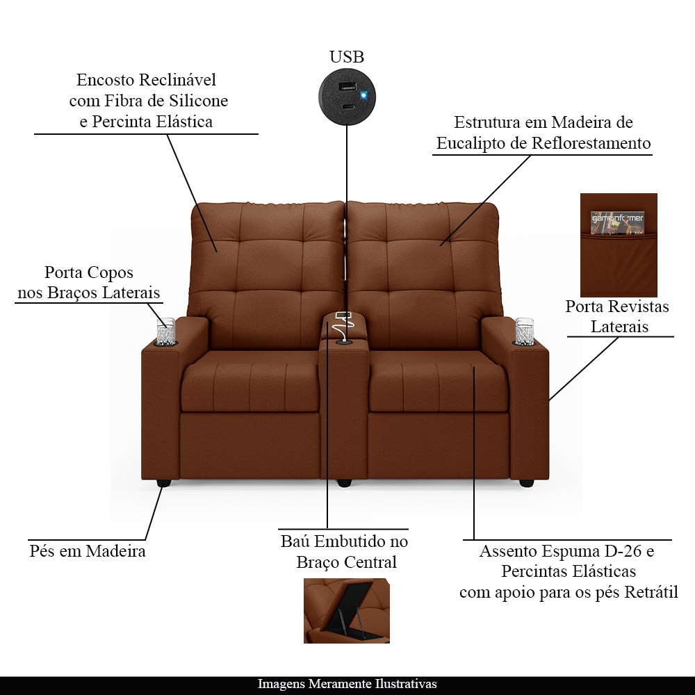 Poltrona do Papai Reclinável Cinema 2 Lugares Manual Baú USB Haifa F05 Veludo Terracota - Lyam Decor