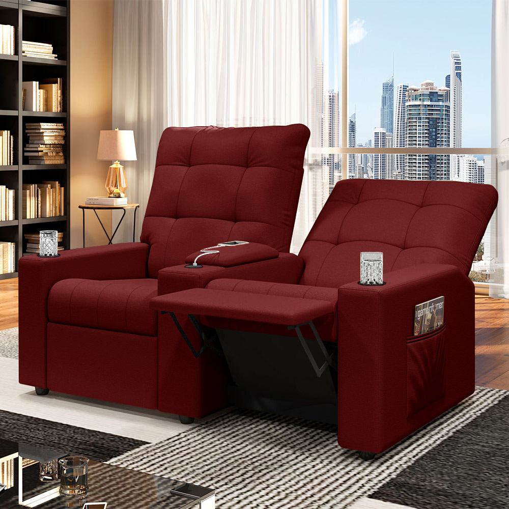 Poltrona do Papai Reclinável Cinema 2 Lugares Manual Baú USB Haifa F05 Veludo Vermelho - Lyam Decor