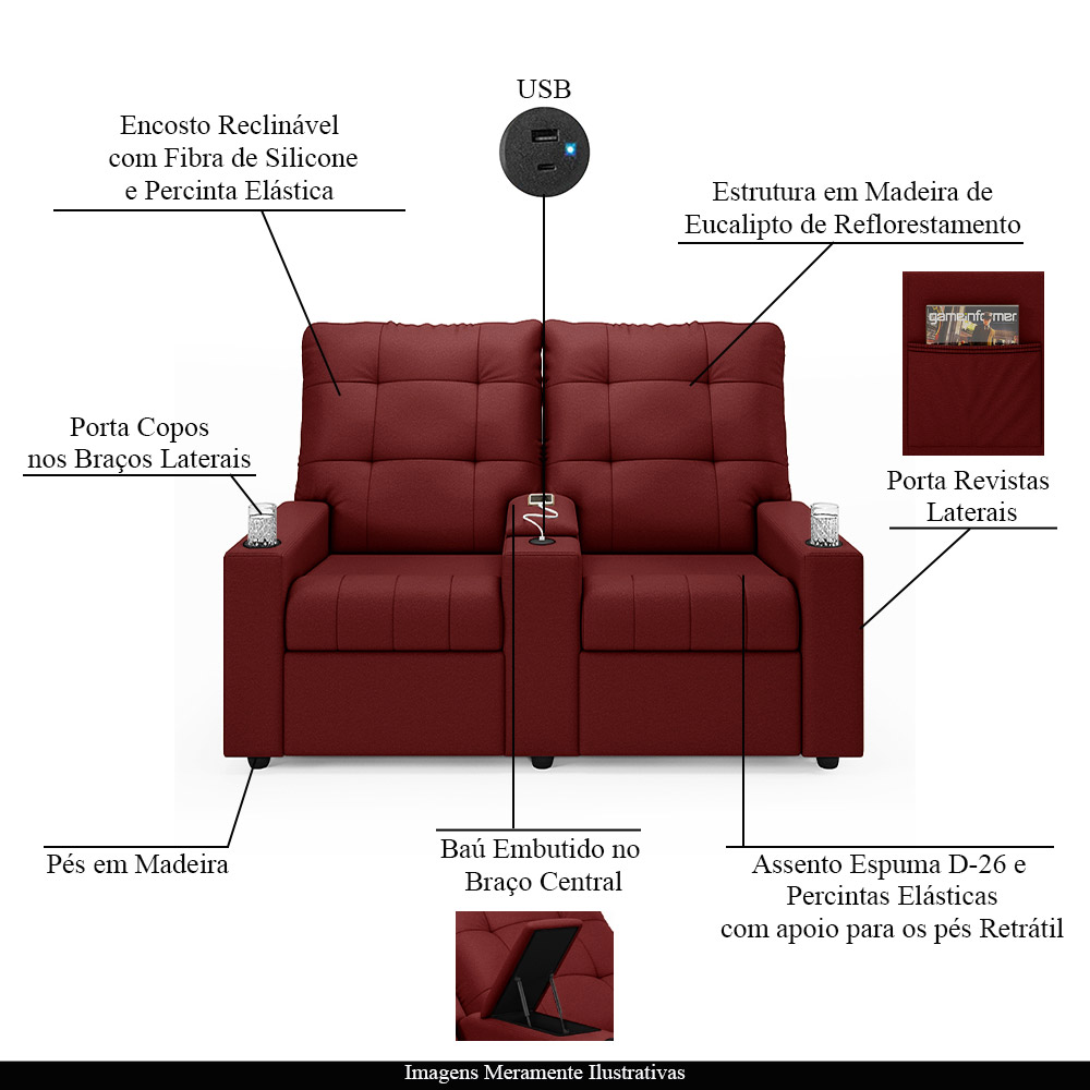 Poltrona do Papai Reclinável Cinema 2 Lugares Manual Baú USB Haifa F05 Veludo Vermelho - Lyam Decor