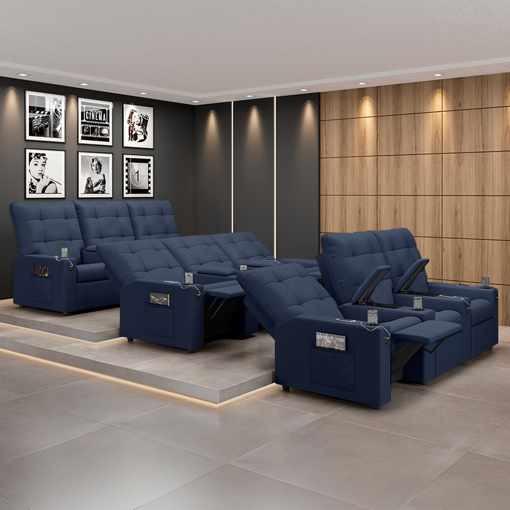 Poltrona do Papai Reclinável Cinema 3 Lugares Manual Baú USB Haifa F05 Facto Azul - Lyam Decor
