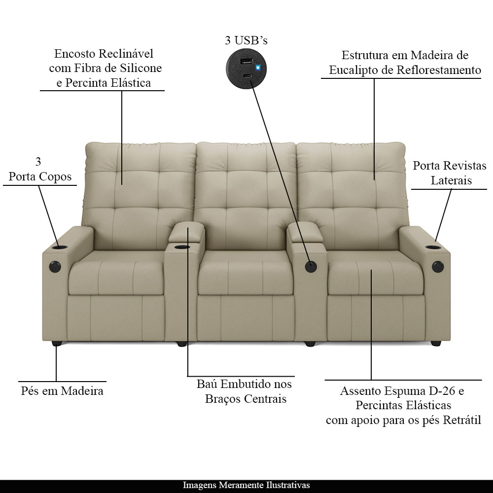Poltrona do Papai Reclinável Cinema 3 Lugares Manual Baú USB Haifa F05 Facto Bege - Lyam Decor