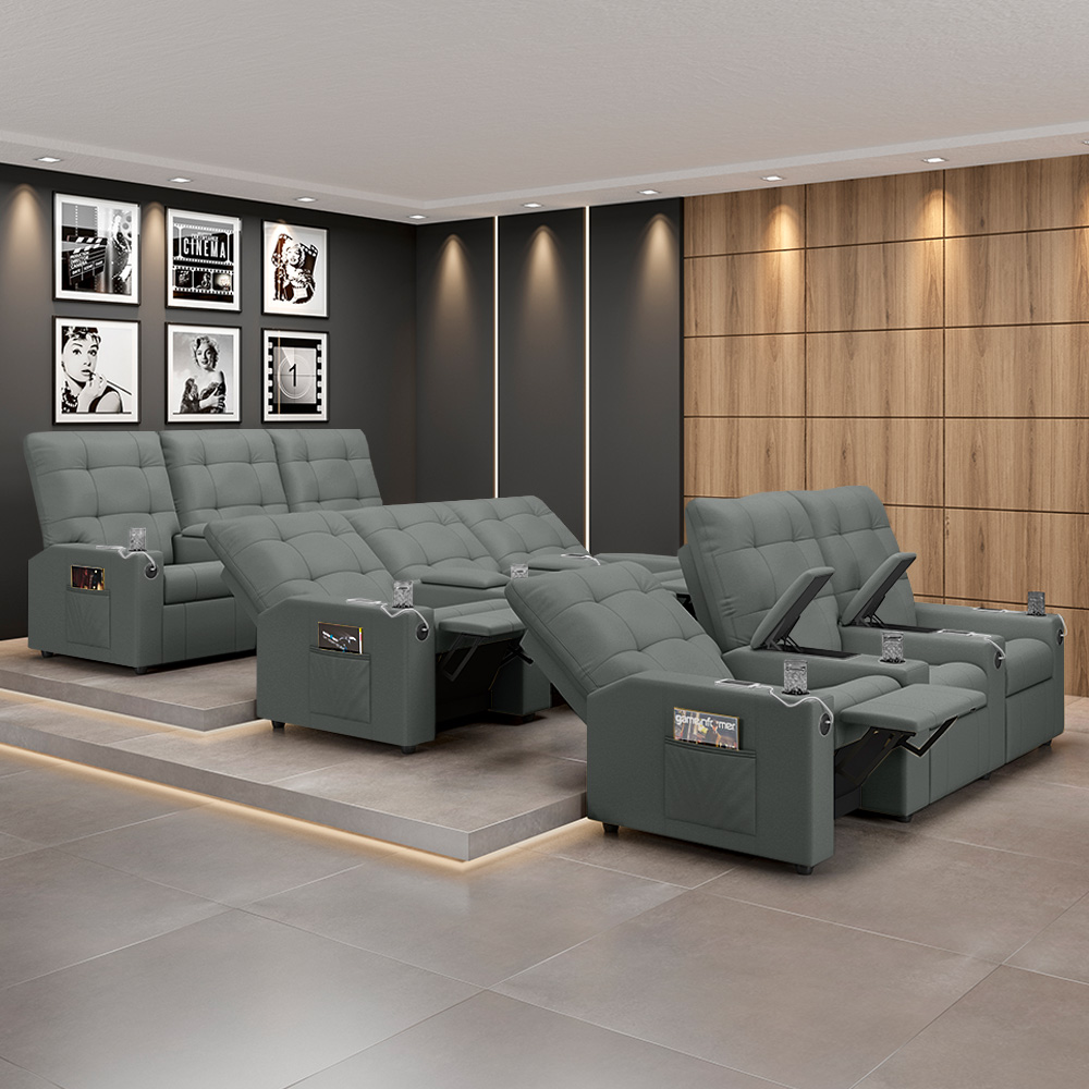 Poltrona do Papai Reclinável Cinema 3 Lugares Manual Baú USB Haifa F05 Facto Cinza - Lyam Decor