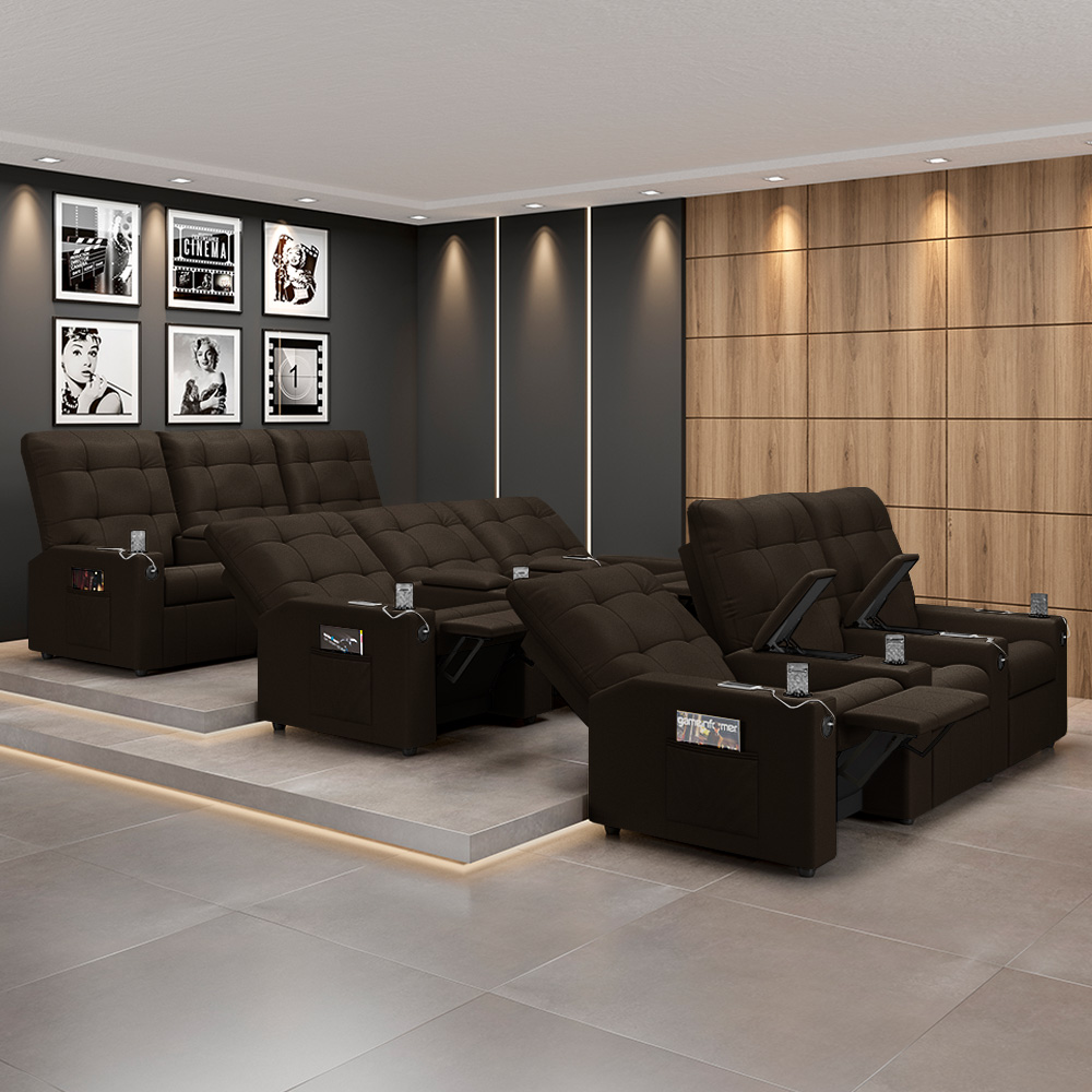 Poltrona do Papai Reclinável Cinema 3 Lugares Manual Baú USB Haifa F05 Facto Marrom - Lyam Decor