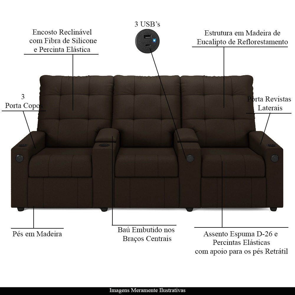 Poltrona do Papai Reclinável Cinema 3 Lugares Manual Baú USB Haifa F05 Facto Marrom - Lyam Decor