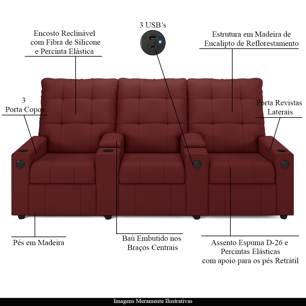 Poltrona do Papai Reclinável Cinema 3 Lugares Manual Baú USB Haifa F05 Facto Vermelho -Lyam Decor
