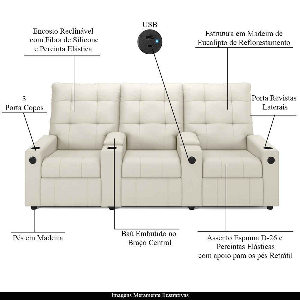 Poltrona do Papai Reclinável Cinema 3 Lugares Manual Baú USB Haifa F05 Veludo Bege - Lyam Decor