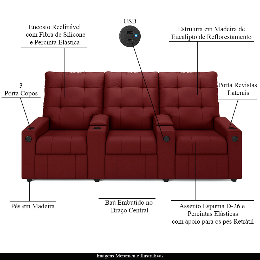 Poltrona do Papai Reclinável Cinema 3 Lugares Manual Baú USB Haifa F05 Veludo Vermelho - Lyam Decor