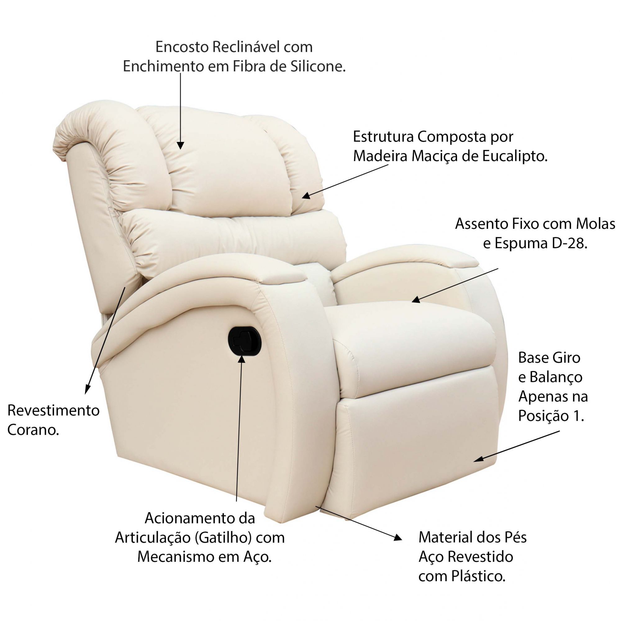 Poltrona do Papai Reclinável Giratória Balanço Zero Wall Biorne F05 Corano Bege  - Lyam Decor