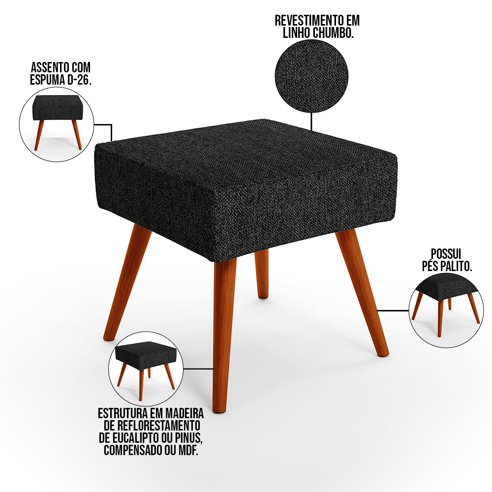 Puff Banqueta Decorativa Com Pés Palito Lívia W01 Linho Chumbo - Lyam Decor