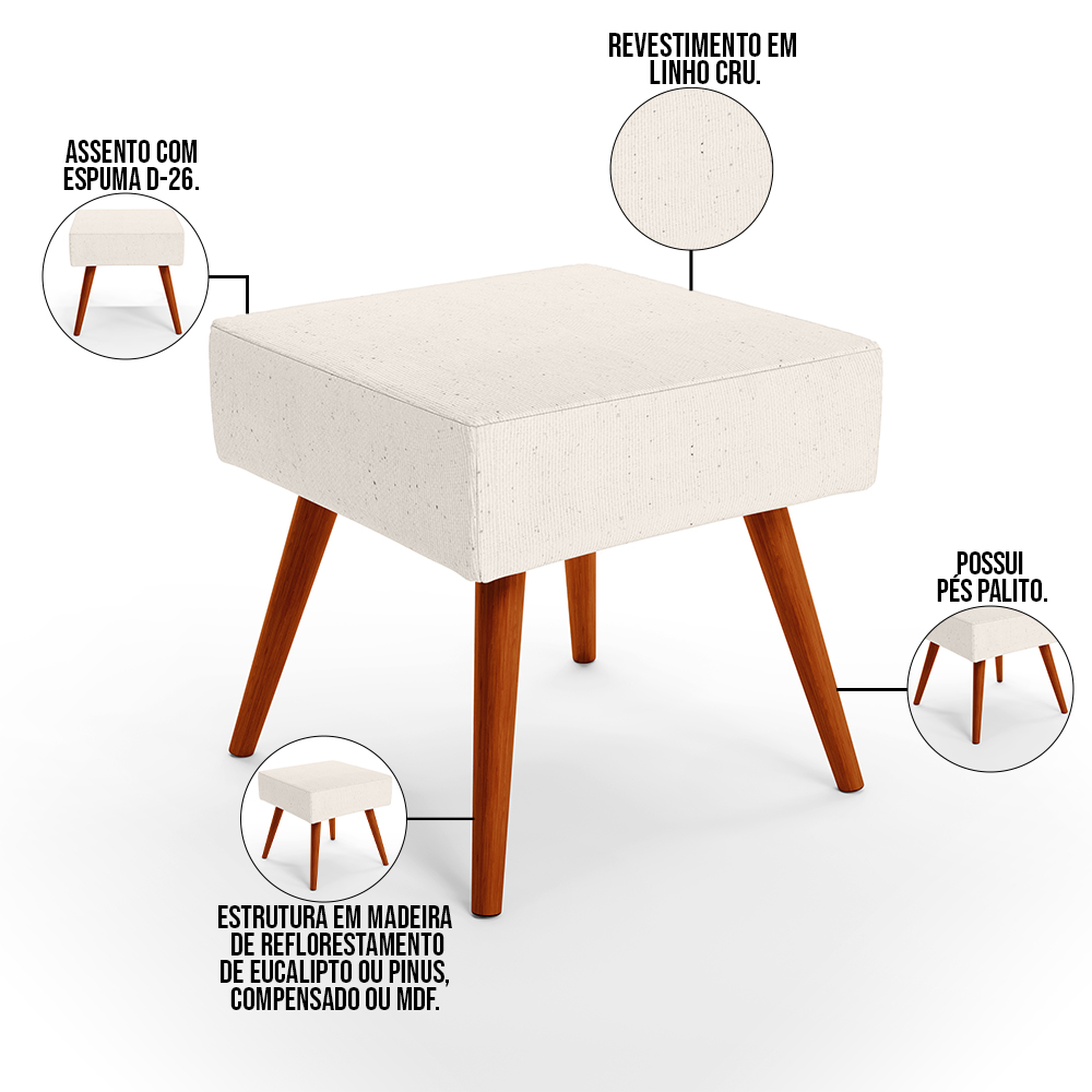 Puff Banqueta Decorativa Com Pés Palito Lívia W01 Linho Cru - Lyam Decor