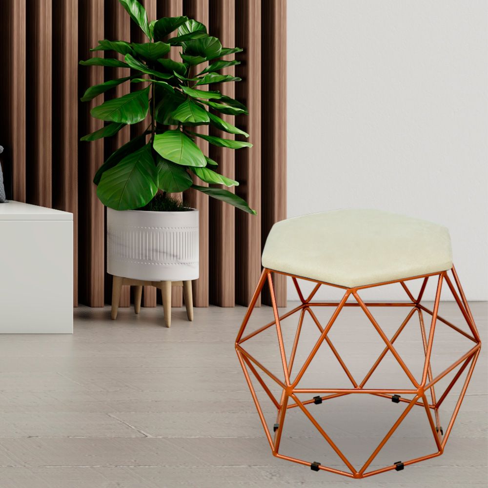 Puff Decorativo Aramado Bronze Six L02 Suede Bege - Lyam Decor